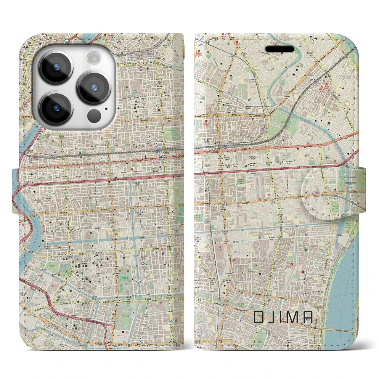 【大島】地図柄iPhoneケース（手帳両面タイプ・ナチュラル）iPhone 14 Pro 用