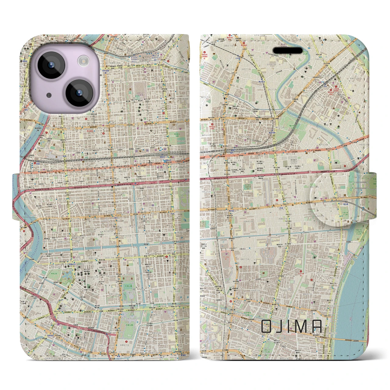 【大島】地図柄iPhoneケース（手帳両面タイプ・ナチュラル）iPhone 14 用