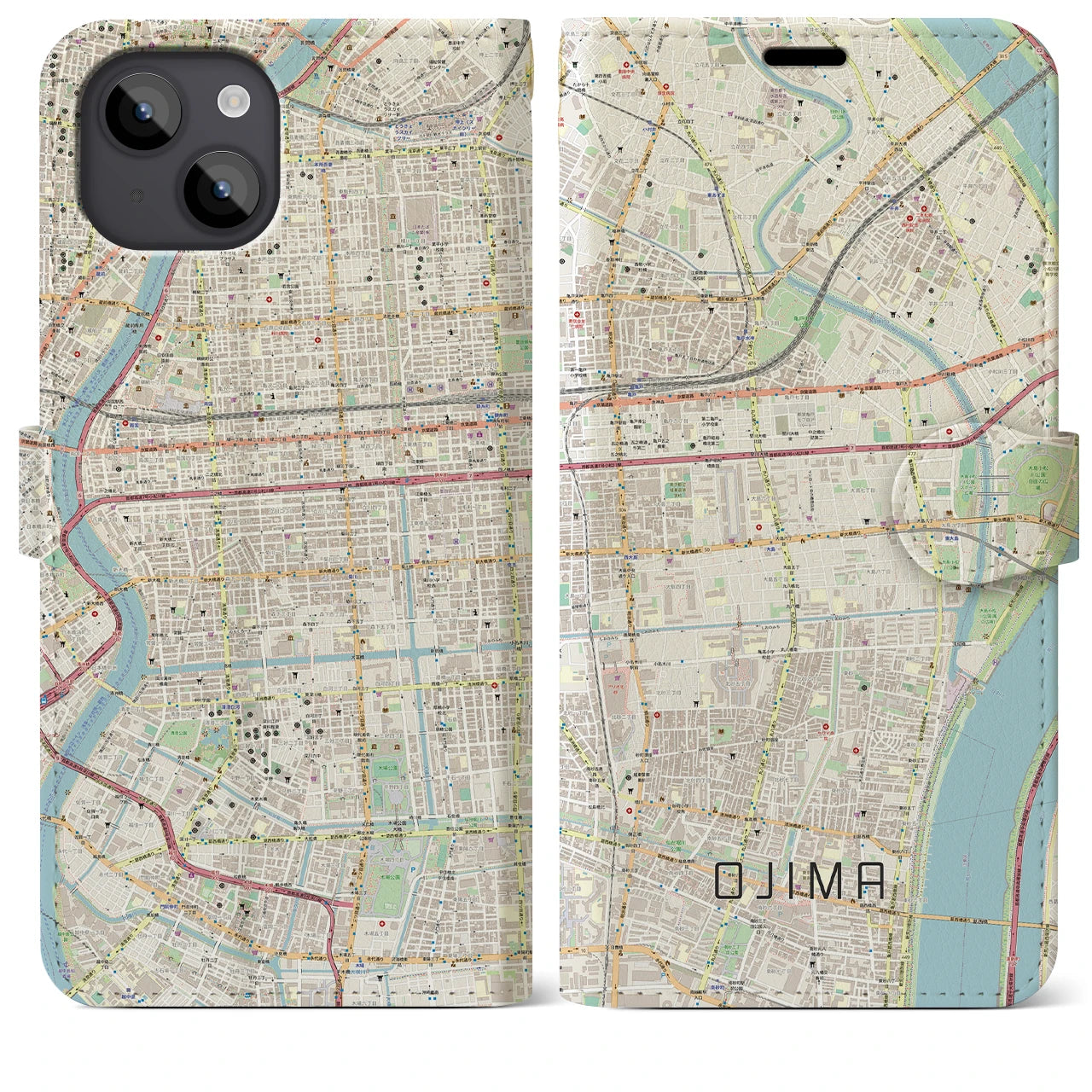 【大島】地図柄iPhoneケース（手帳両面タイプ・ナチュラル）iPhone 14 Plus 用