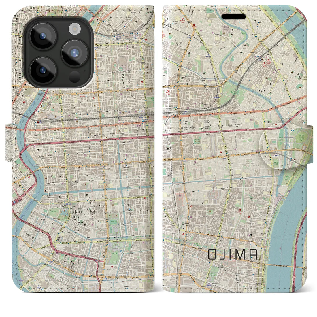 【大島】地図柄iPhoneケース（手帳両面タイプ・ナチュラル）iPhone 15 Pro Max 用