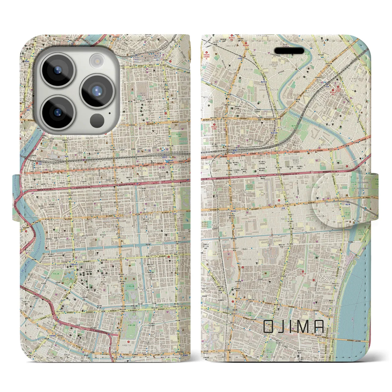 【大島】地図柄iPhoneケース（手帳両面タイプ・ナチュラル）iPhone 15 Pro 用