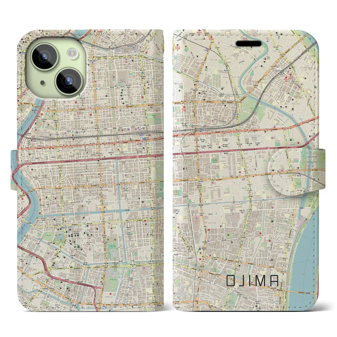 【大島】地図柄iPhoneケース（手帳両面タイプ・ナチュラル）iPhone 15 用