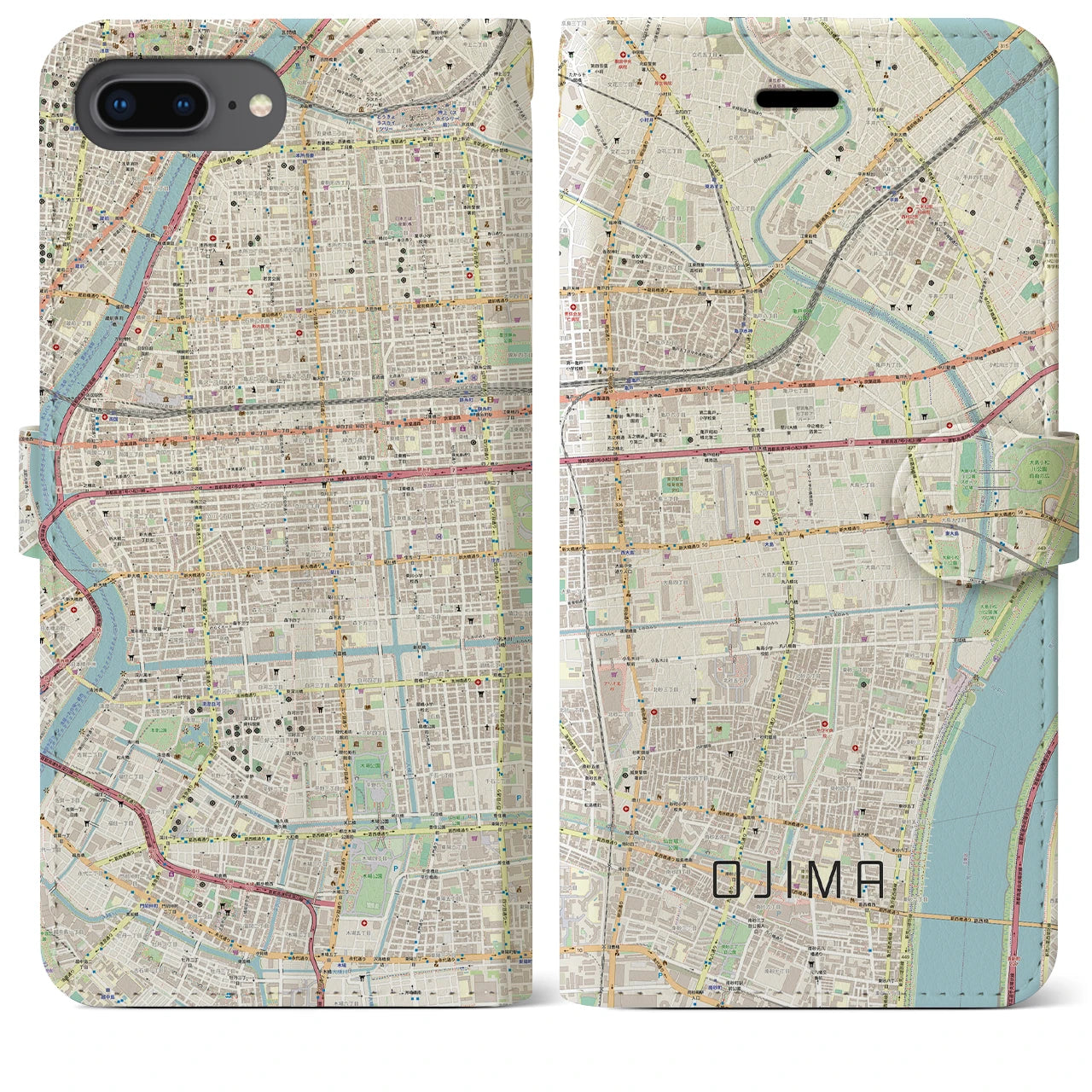 【大島】地図柄iPhoneケース（手帳両面タイプ・ナチュラル）iPhone 8Plus /7Plus / 6sPlus / 6Plus 用