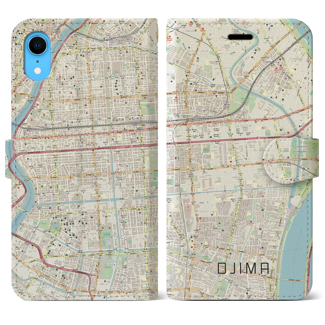 【大島】地図柄iPhoneケース（手帳両面タイプ・ナチュラル）iPhone XR 用
