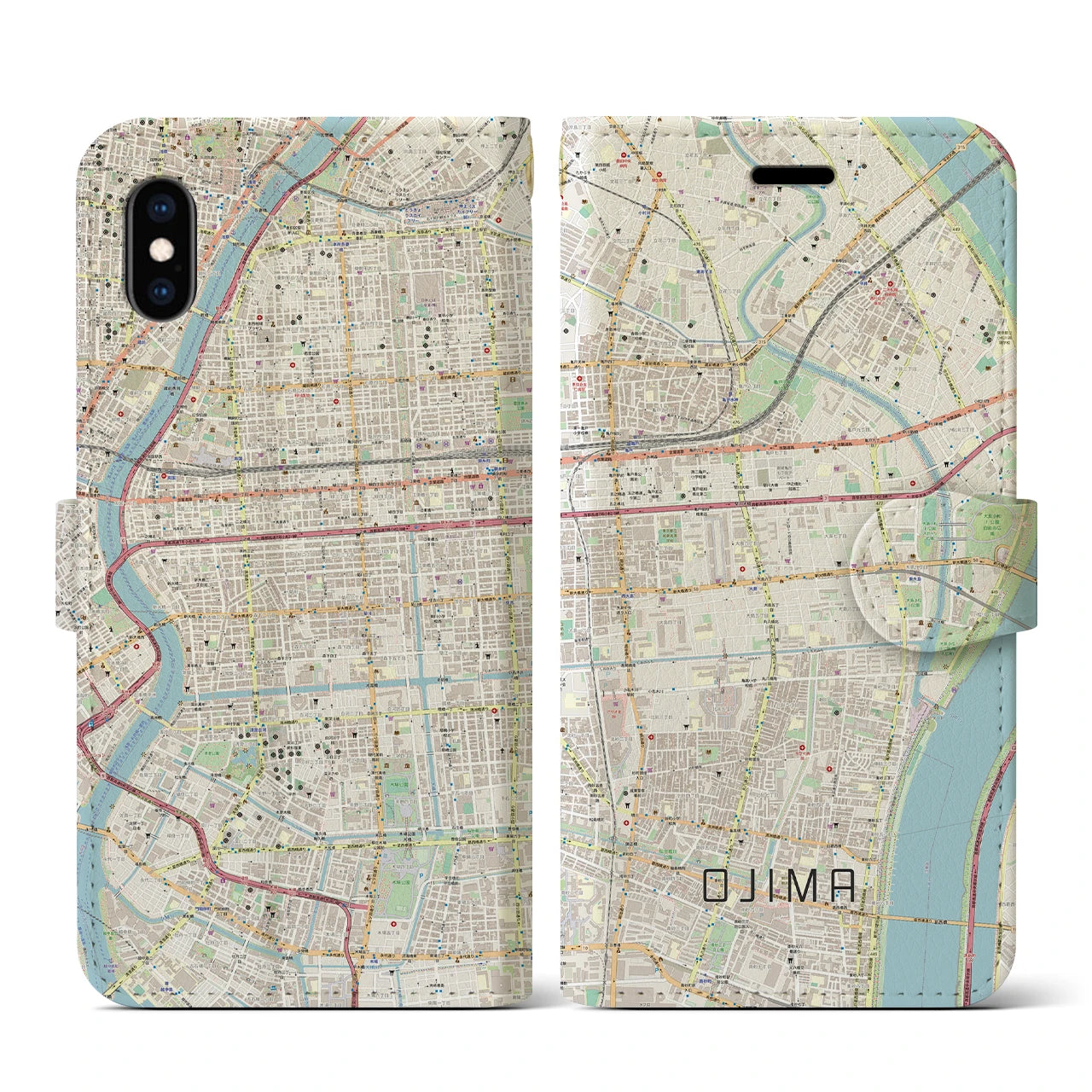 【大島】地図柄iPhoneケース（手帳両面タイプ・ナチュラル）iPhone XS / X 用
