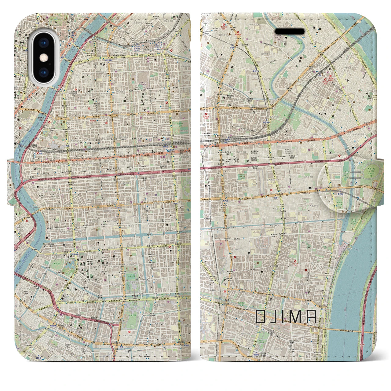 【大島】地図柄iPhoneケース（手帳両面タイプ・ナチュラル）iPhone XS Max 用