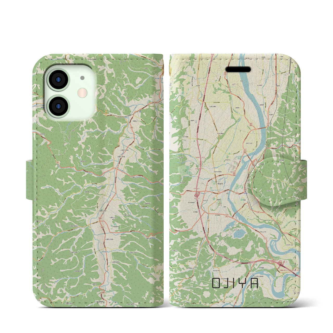 【小千谷】地図柄iPhoneケース（手帳両面タイプ・ナチュラル）iPhone 12 mini 用