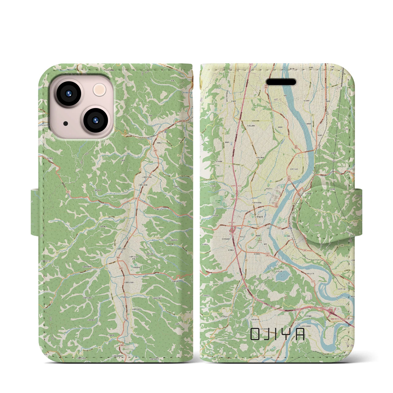 【小千谷】地図柄iPhoneケース（手帳両面タイプ・ナチュラル）iPhone 13 mini 用