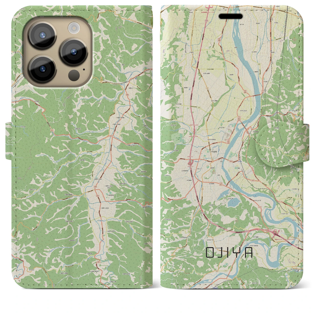 【小千谷】地図柄iPhoneケース（手帳両面タイプ・ナチュラル）iPhone 14 Pro Max 用