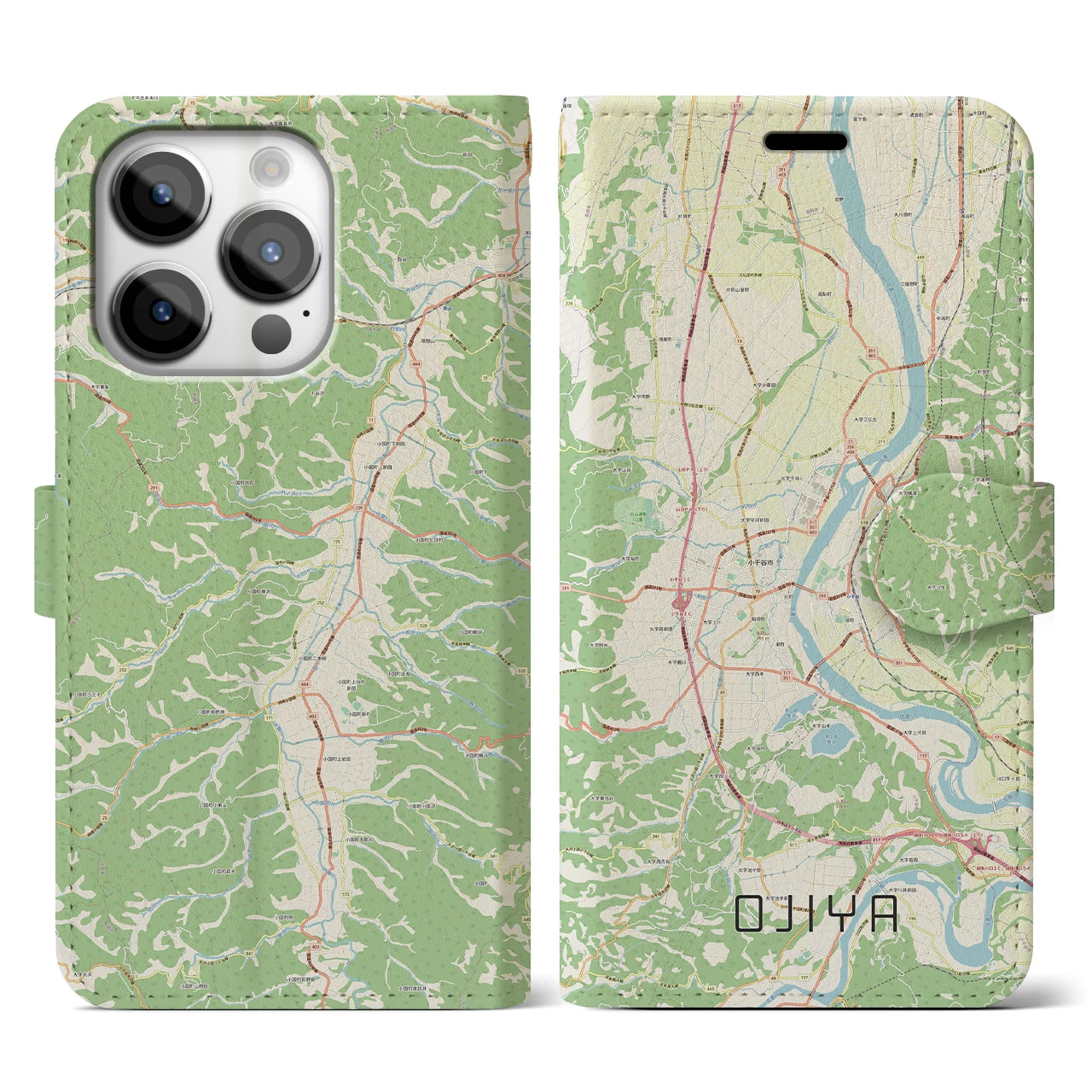 【小千谷】地図柄iPhoneケース（手帳両面タイプ・ナチュラル）iPhone 14 Pro 用