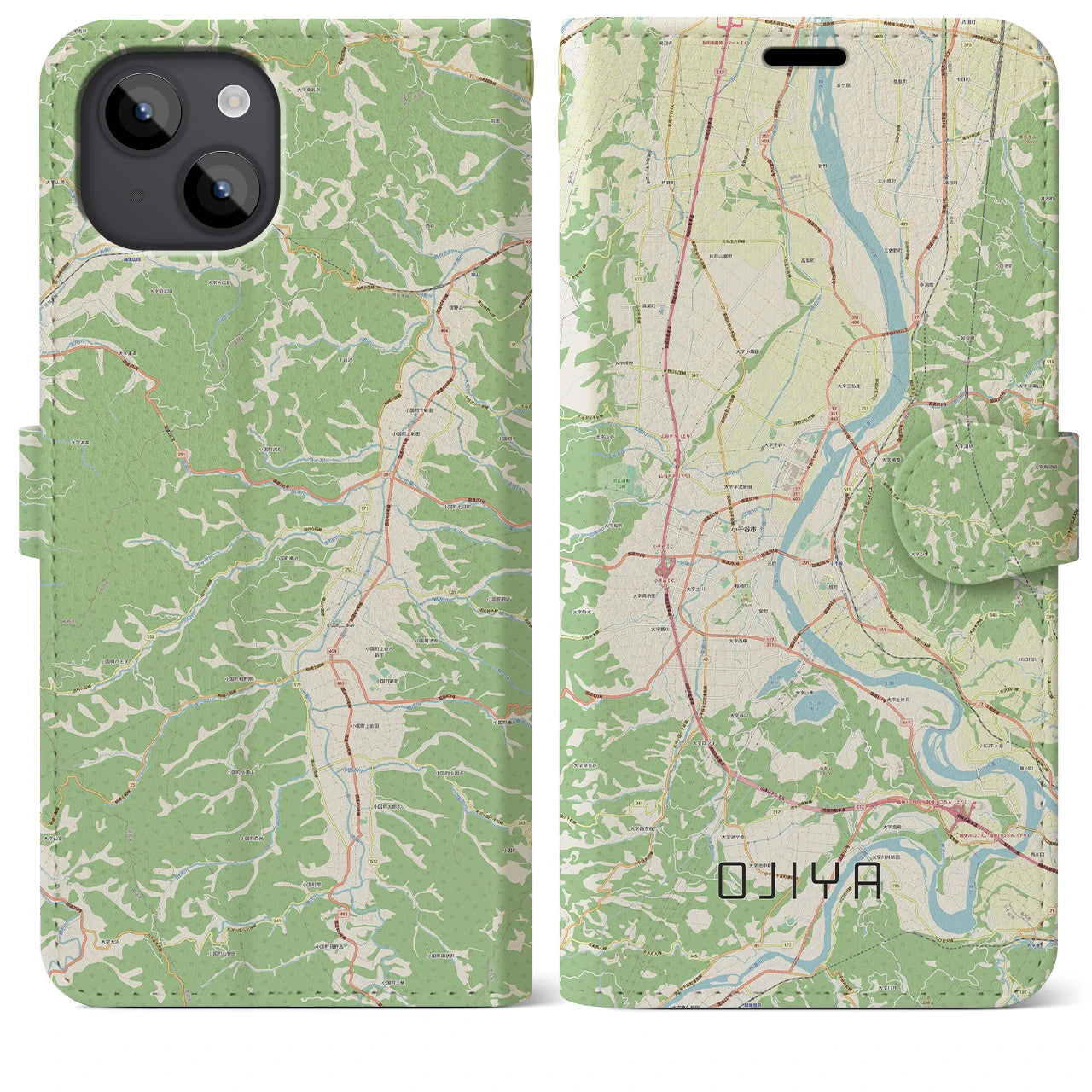 【小千谷】地図柄iPhoneケース（手帳両面タイプ・ナチュラル）iPhone 14 Plus 用