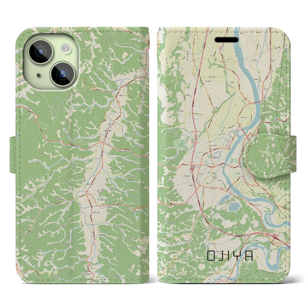 【小千谷】地図柄iPhoneケース（手帳両面タイプ・ナチュラル）iPhone 15 用