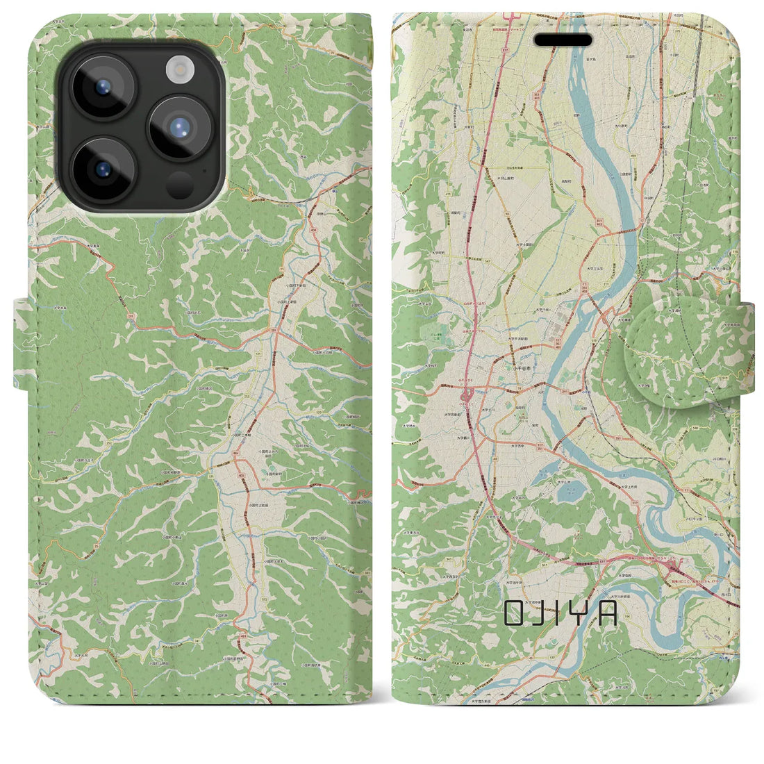 【小千谷】地図柄iPhoneケース（手帳両面タイプ・ナチュラル）iPhone 15 Pro Max 用