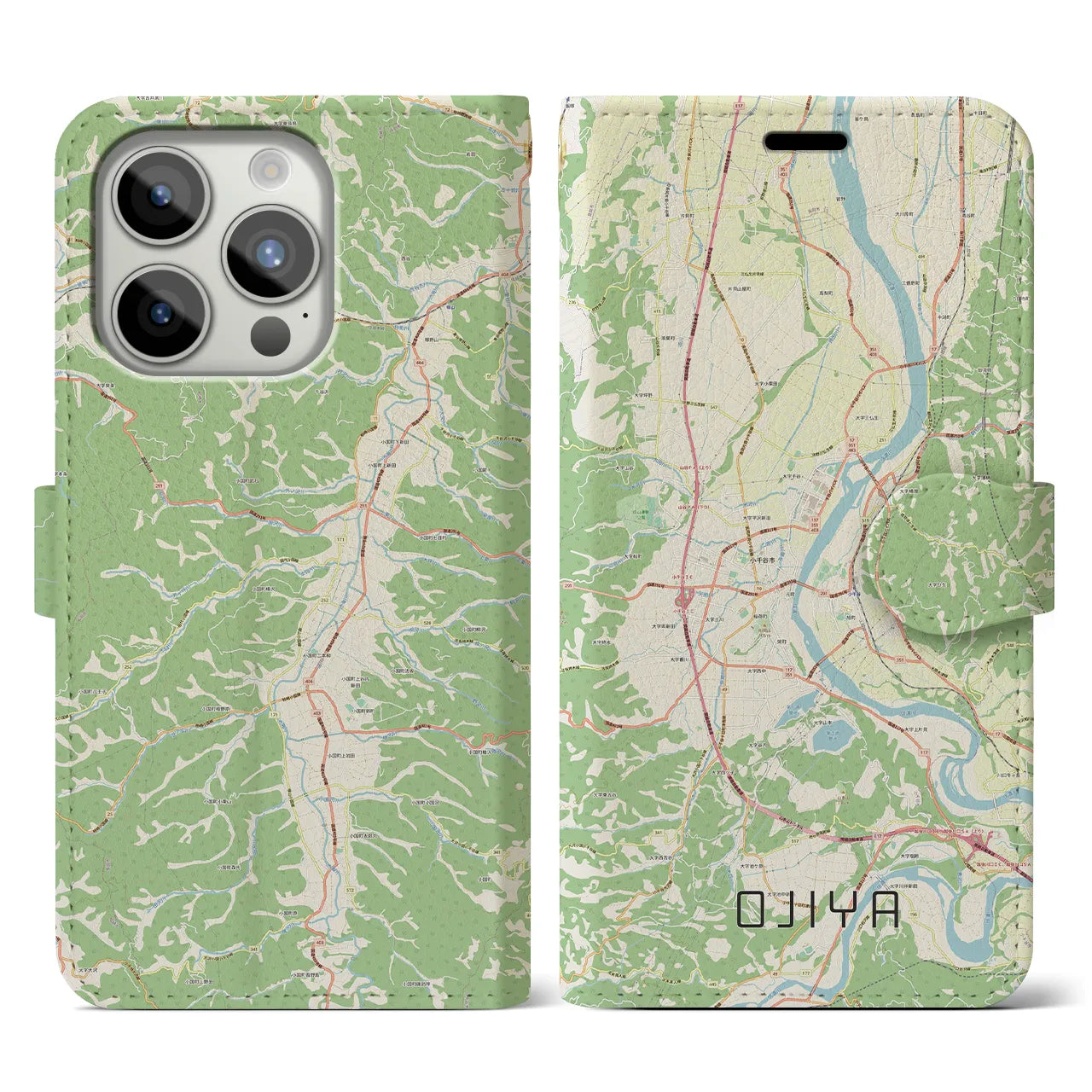 【小千谷】地図柄iPhoneケース（手帳両面タイプ・ナチュラル）iPhone 15 Pro 用