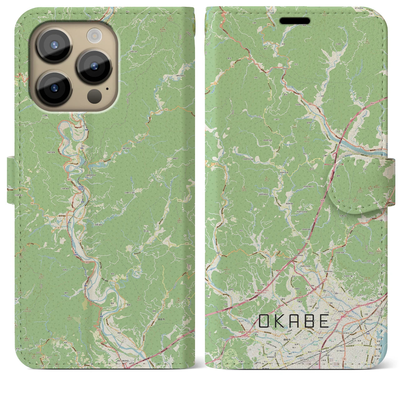 【岡部】地図柄iPhoneケース（手帳両面タイプ・ナチュラル）iPhone 14 Pro Max 用