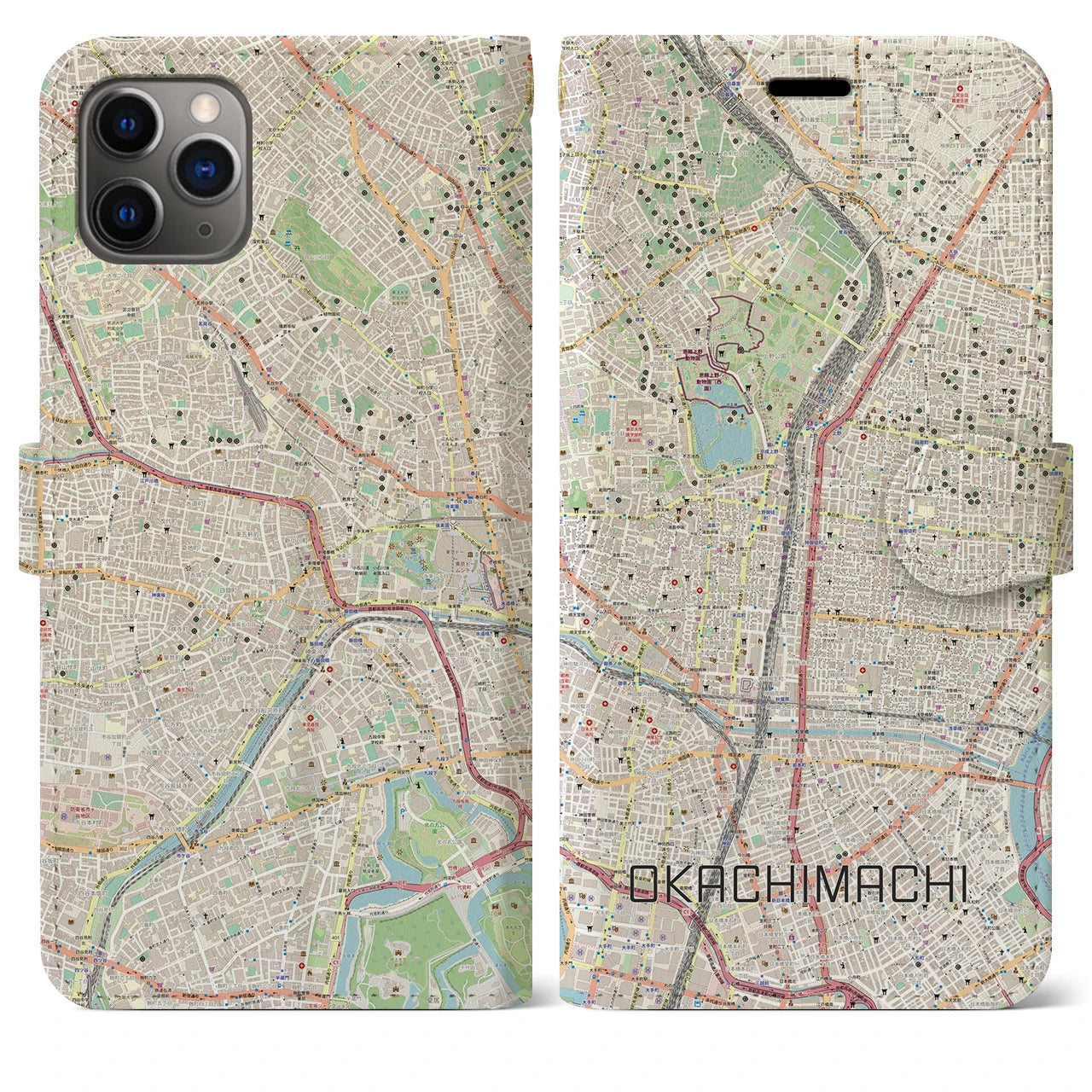 【御徒町】地図柄iPhoneケース（手帳両面タイプ・ナチュラル）iPhone 11 Pro Max 用