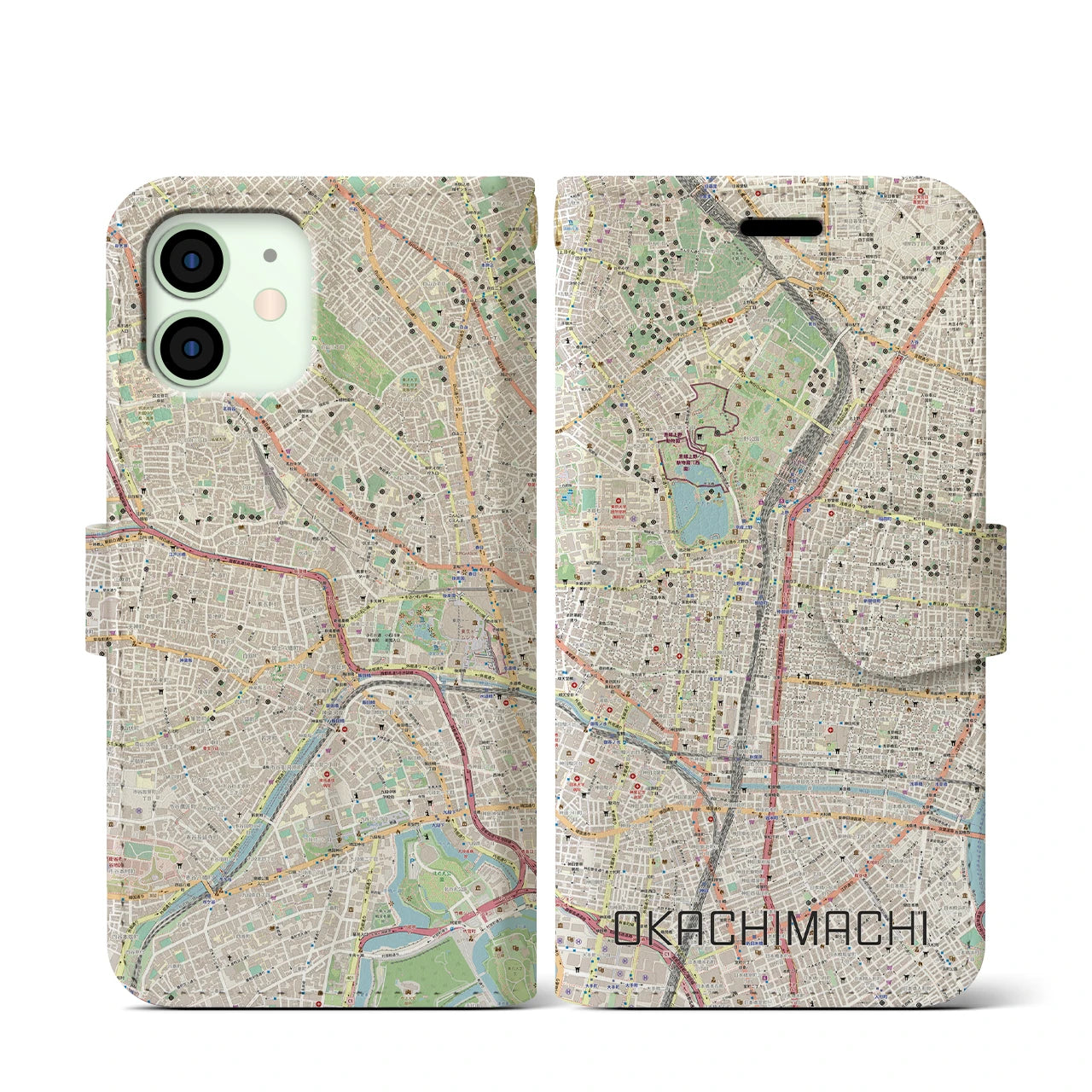 【御徒町】地図柄iPhoneケース（手帳両面タイプ・ナチュラル）iPhone 12 mini 用