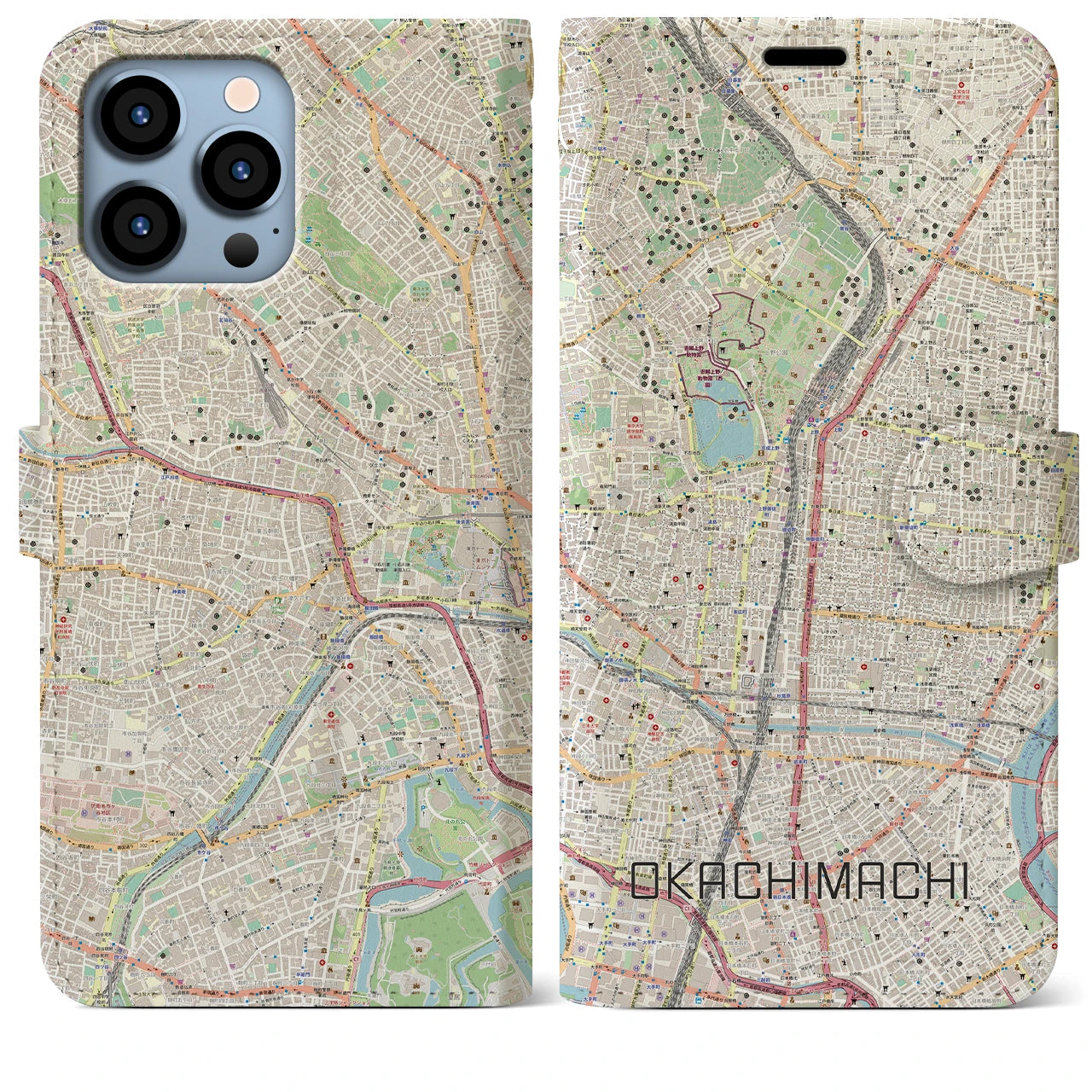 【御徒町】地図柄iPhoneケース（手帳両面タイプ・ナチュラル）iPhone 13 Pro Max 用