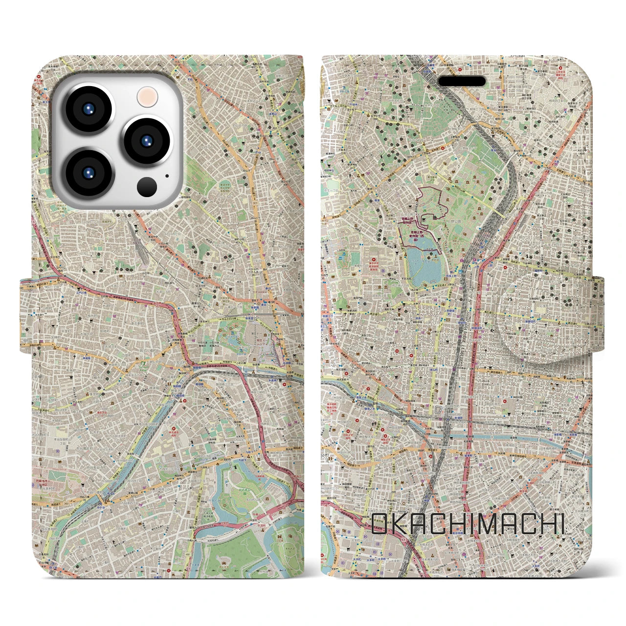 【御徒町】地図柄iPhoneケース（手帳両面タイプ・ナチュラル）iPhone 13 Pro 用