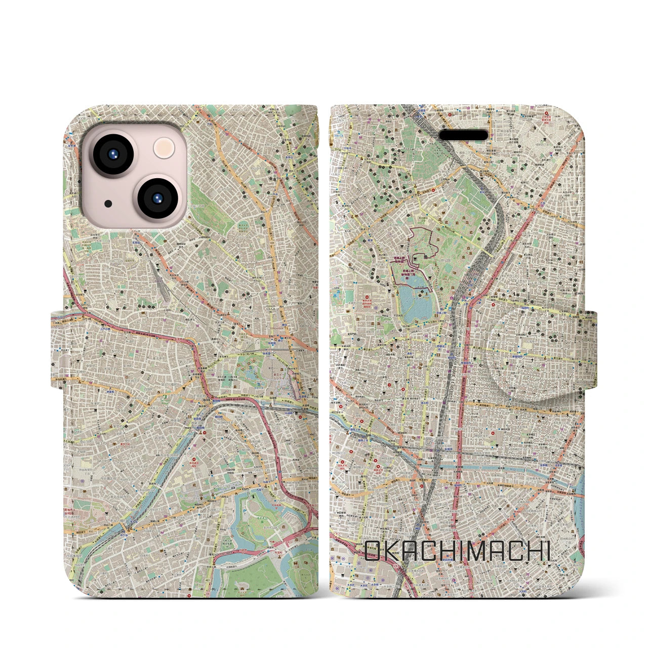 【御徒町】地図柄iPhoneケース（手帳両面タイプ・ナチュラル）iPhone 13 mini 用