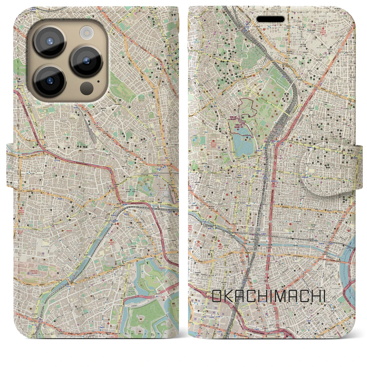 【御徒町】地図柄iPhoneケース（手帳両面タイプ・ナチュラル）iPhone 14 Pro Max 用