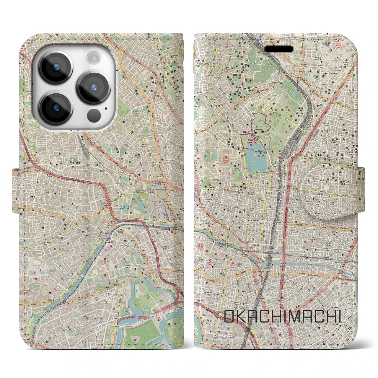【御徒町】地図柄iPhoneケース（手帳両面タイプ・ナチュラル）iPhone 14 Pro 用