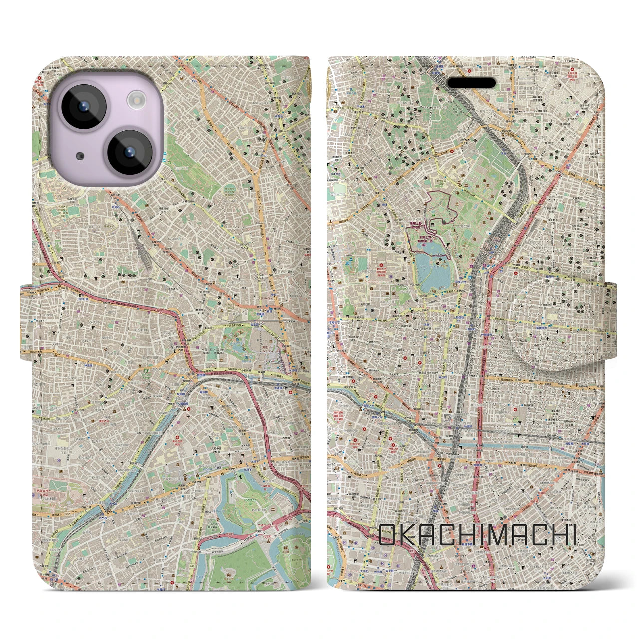 【御徒町】地図柄iPhoneケース（手帳両面タイプ・ナチュラル）iPhone 14 用