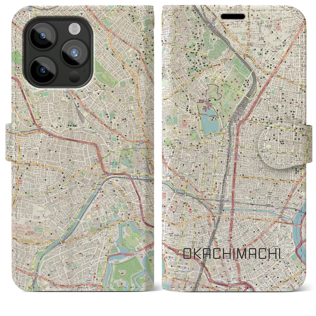 【御徒町】地図柄iPhoneケース（手帳両面タイプ・ナチュラル）iPhone 15 Pro Max 用