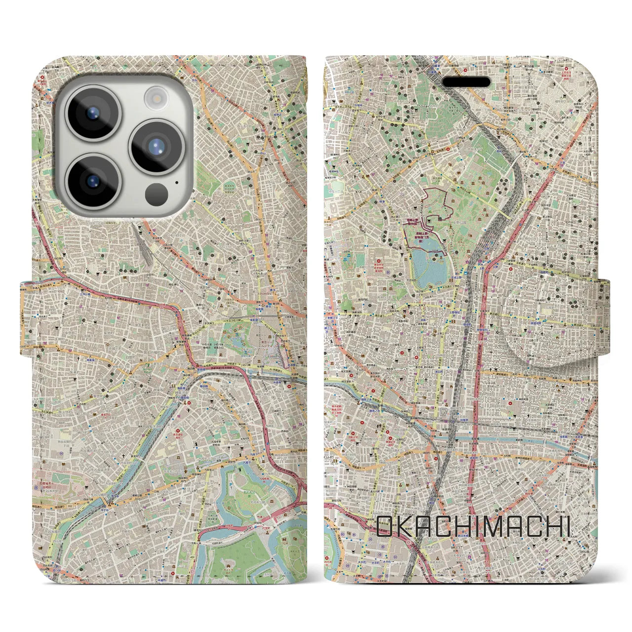 【御徒町】地図柄iPhoneケース（手帳両面タイプ・ナチュラル）iPhone 15 Pro 用