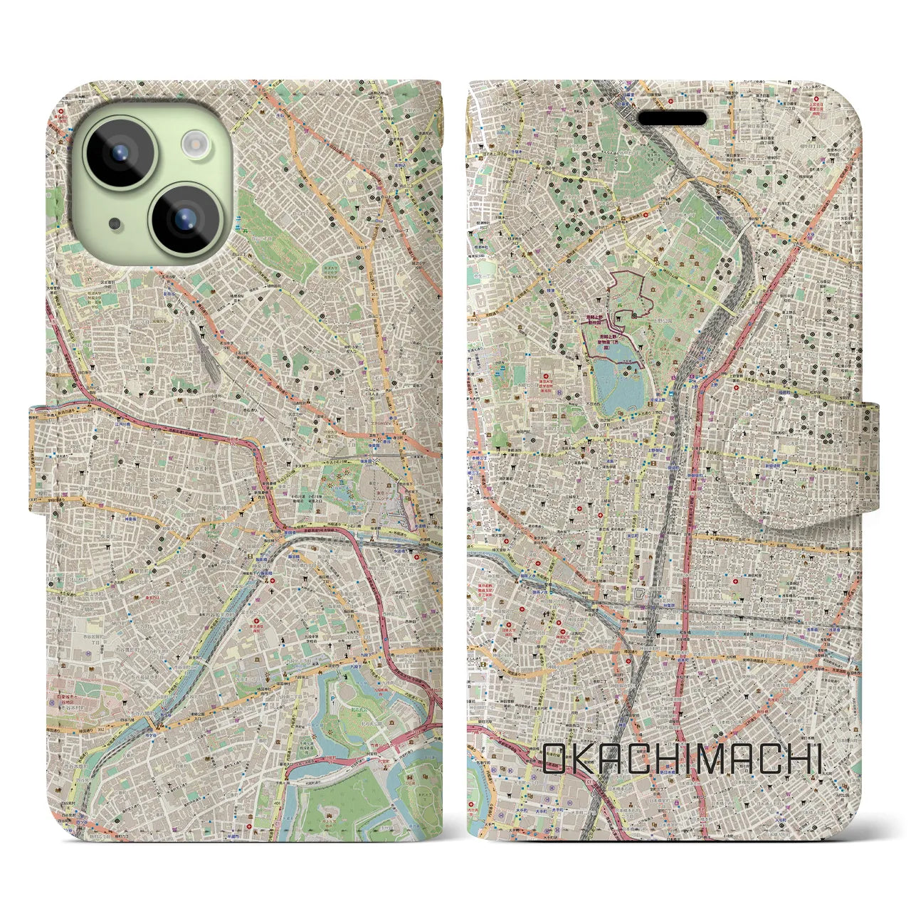 【御徒町】地図柄iPhoneケース（手帳両面タイプ・ナチュラル）iPhone 15 用