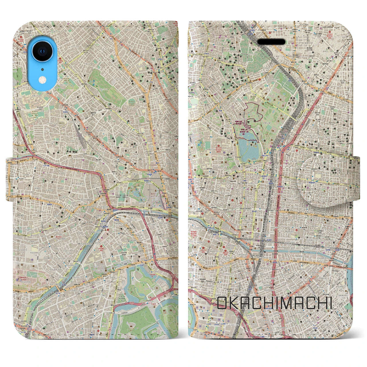 【御徒町】地図柄iPhoneケース（手帳両面タイプ・ナチュラル）iPhone XR 用