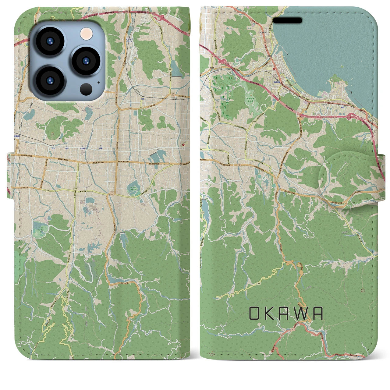 【大川】地図柄iPhoneケース（手帳両面タイプ・ナチュラル）iPhone 13 Pro Max 用