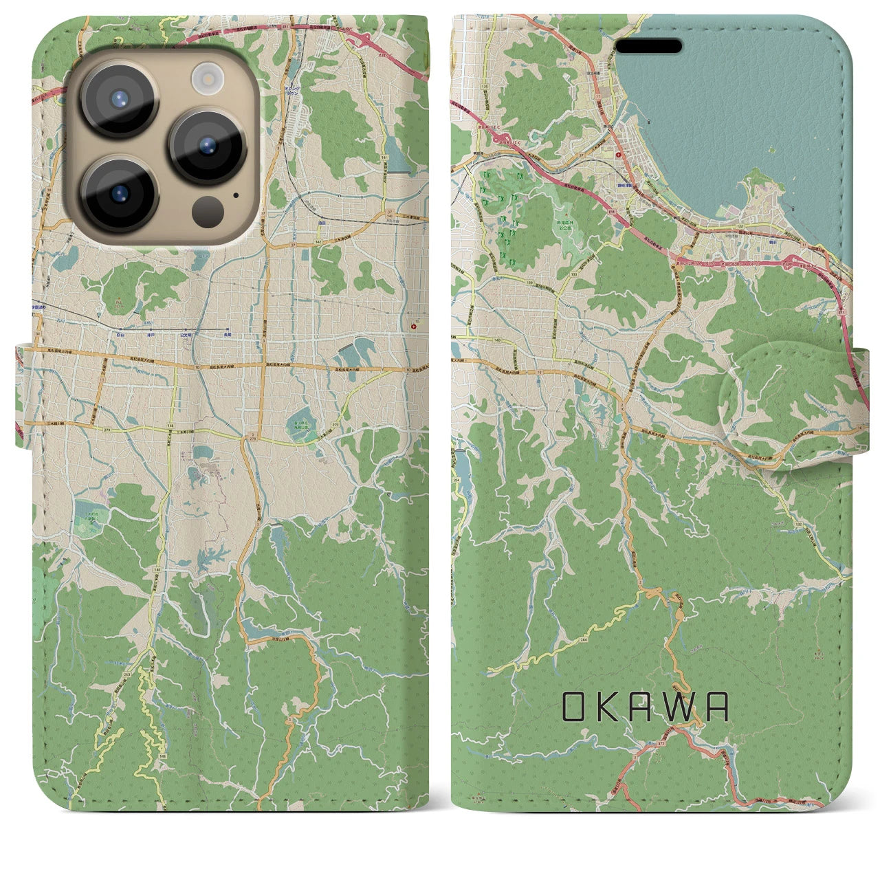 【大川】地図柄iPhoneケース（手帳両面タイプ・ナチュラル）iPhone 14 Pro Max 用