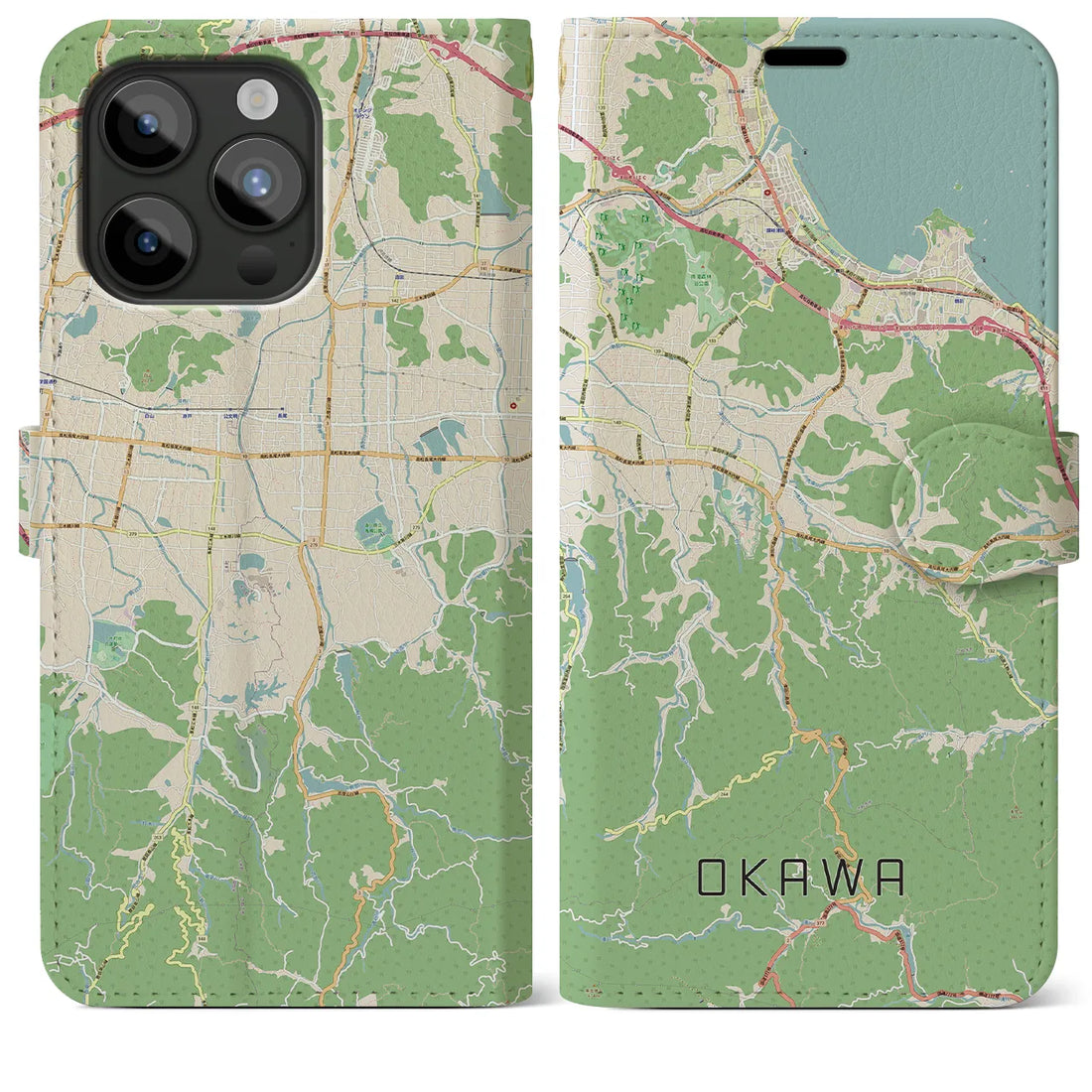 【大川】地図柄iPhoneケース（手帳両面タイプ・ナチュラル）iPhone 15 Pro Max 用