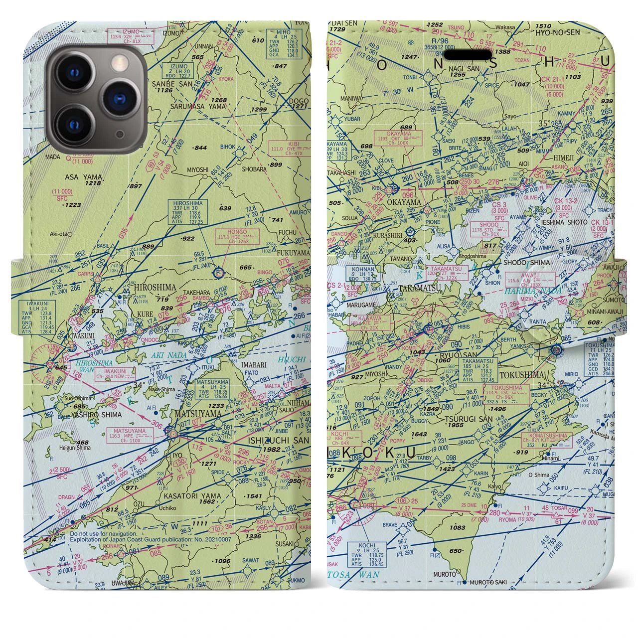 【岡山・高松航空図】地図柄iPhoneケース（手帳両面タイプ・デイタイムフライト）iPhone 11 Pro Max 用