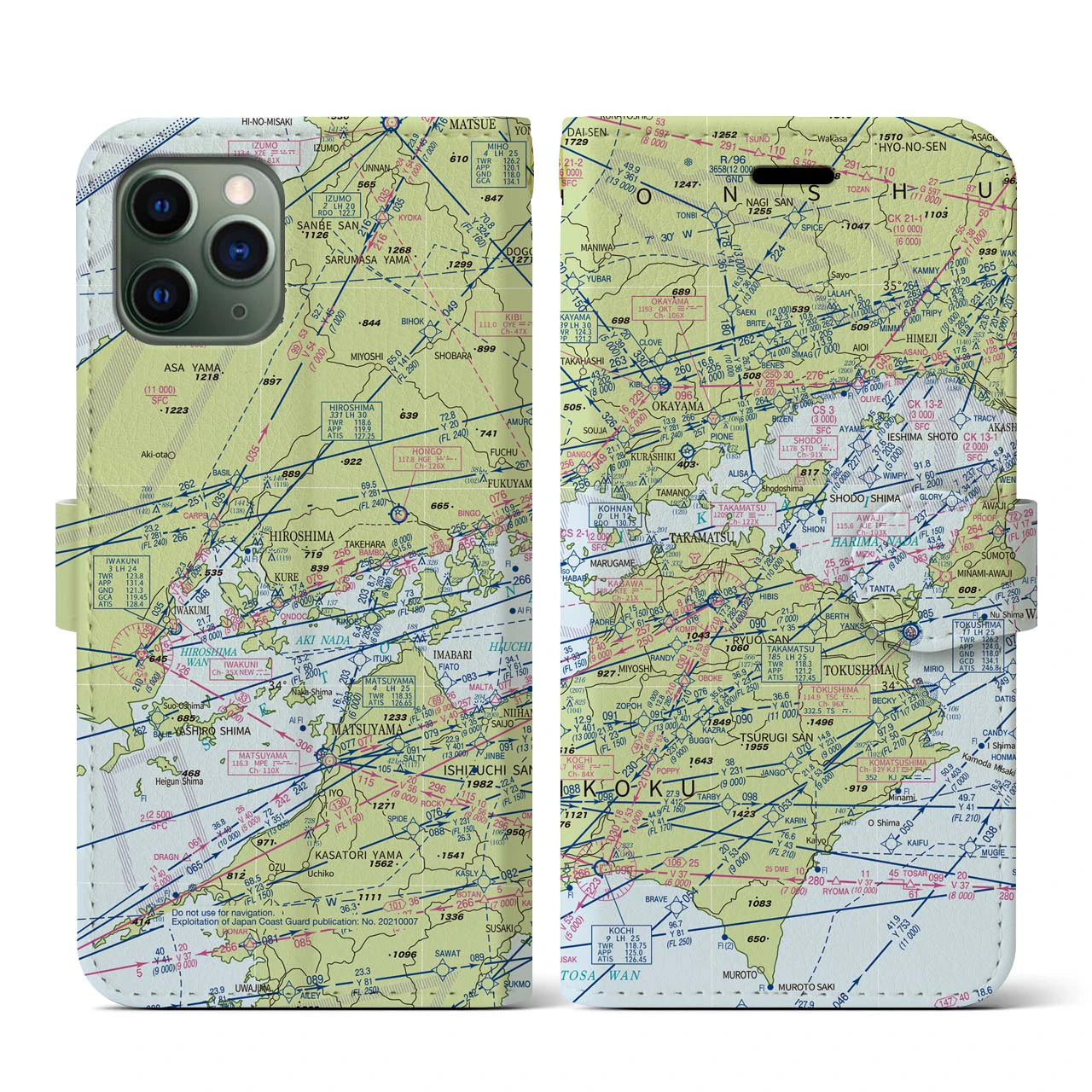 【岡山・高松航空図】地図柄iPhoneケース（手帳両面タイプ・デイタイムフライト）iPhone 11 Pro 用