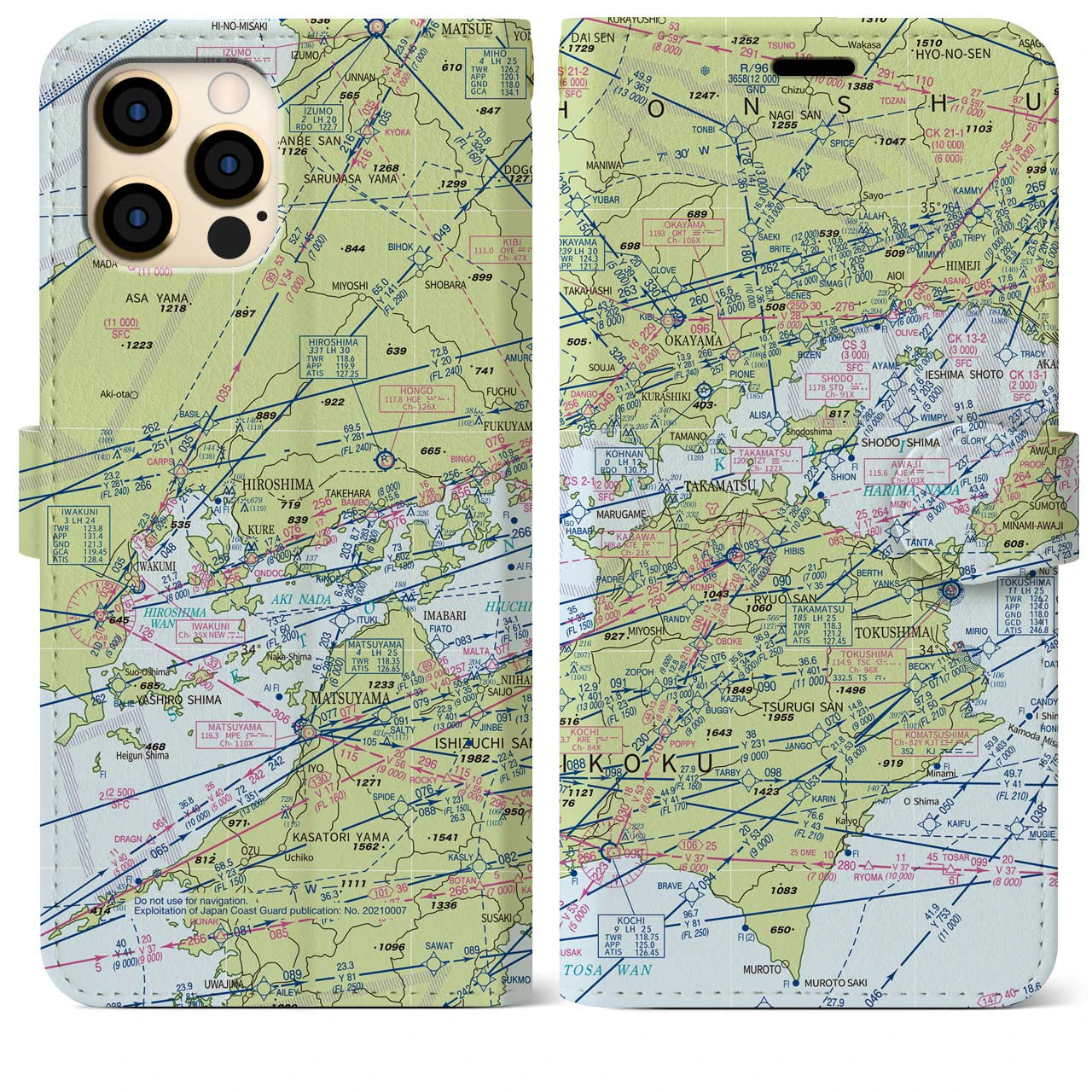 【岡山・高松航空図】地図柄iPhoneケース（手帳両面タイプ・デイタイムフライト）iPhone 12 Pro Max 用