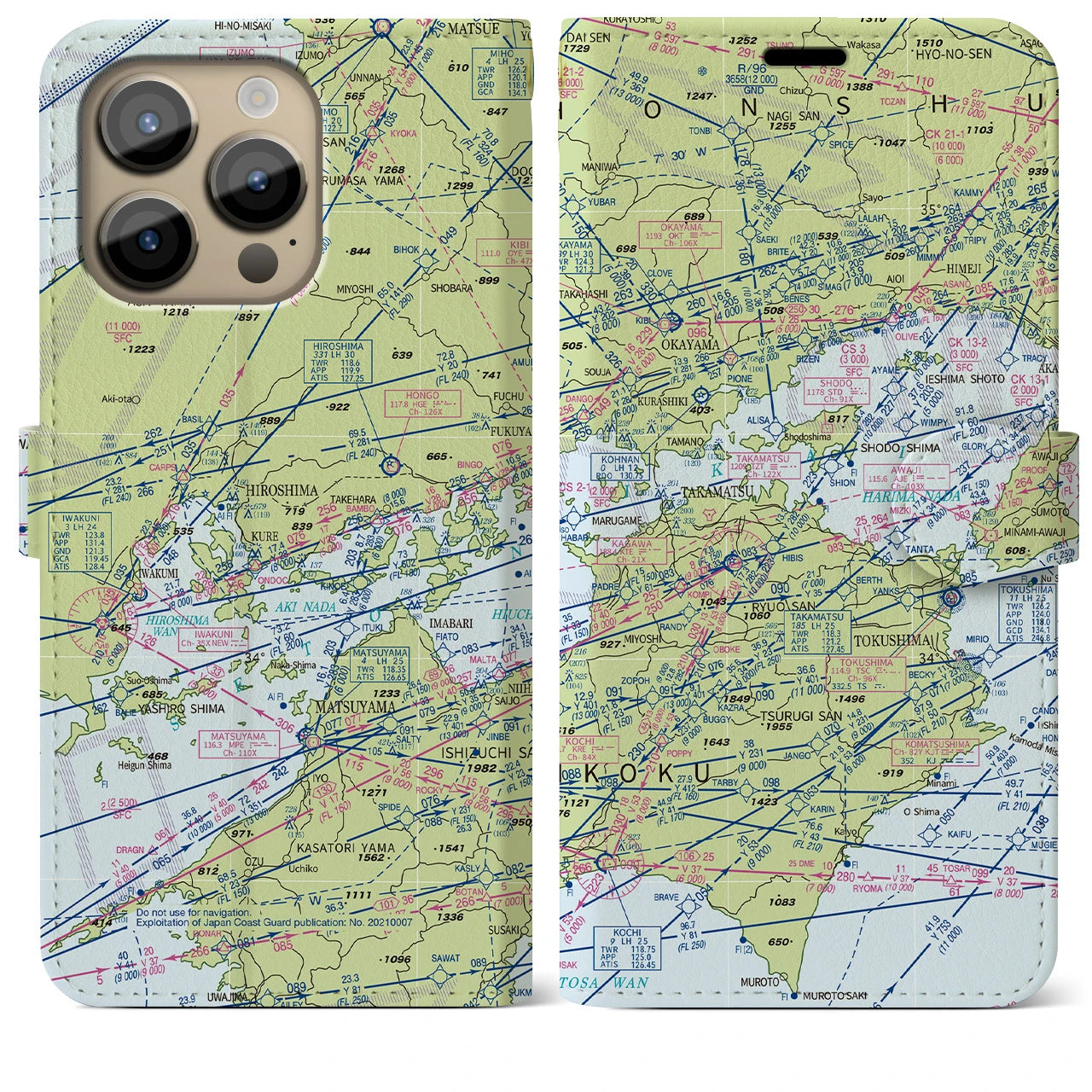 【岡山・高松航空図】地図柄iPhoneケース（手帳両面タイプ・デイタイムフライト）iPhone 14 Pro Max 用