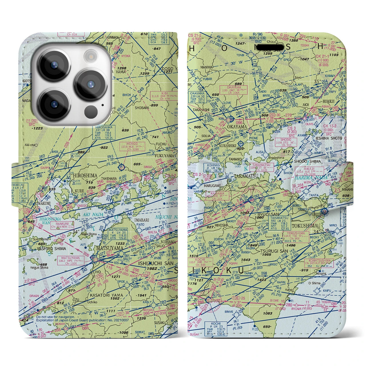 【岡山・高松航空図】地図柄iPhoneケース（手帳両面タイプ・デイタイムフライト）iPhone 14 Pro 用
