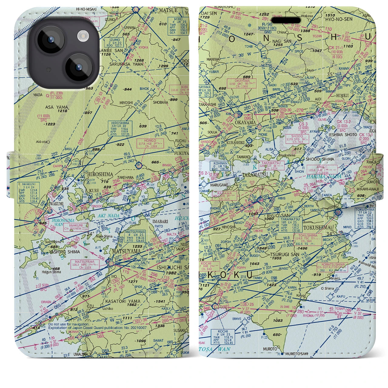 【岡山・高松航空図】地図柄iPhoneケース（手帳両面タイプ・デイタイムフライト）iPhone 14 Plus 用