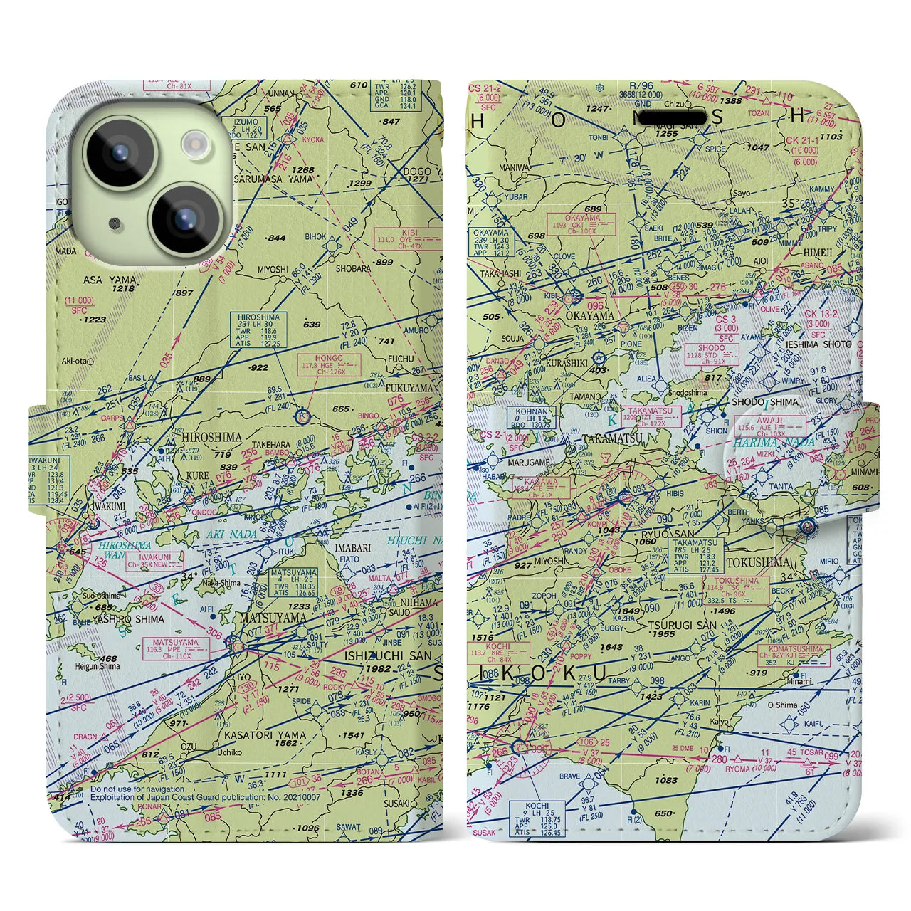 【岡山・高松航空図】地図柄iPhoneケース（手帳両面タイプ・デイタイムフライト）iPhone 15 用