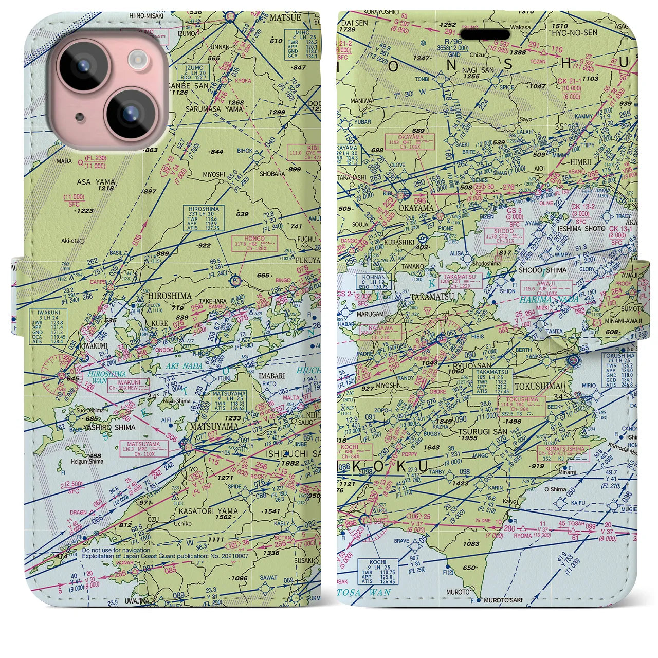 【岡山・高松航空図】地図柄iPhoneケース（手帳両面タイプ・デイタイムフライト）iPhone 15 Plus 用