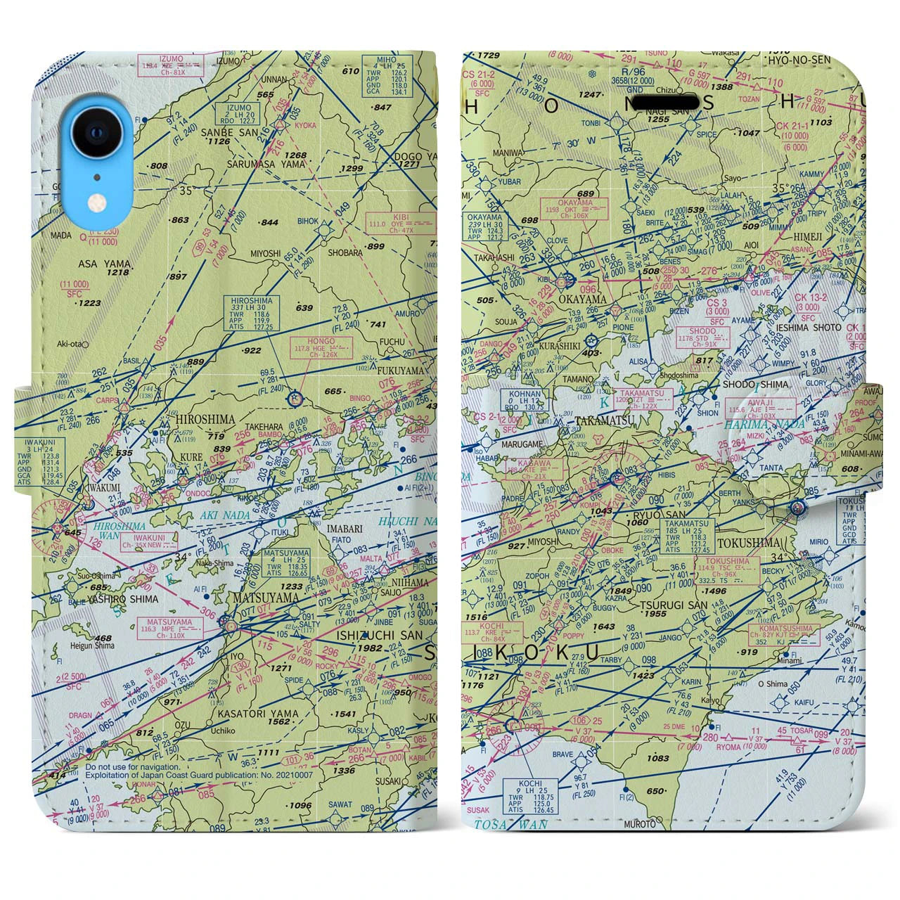 【岡山・高松航空図】地図柄iPhoneケース（手帳両面タイプ・デイタイムフライト）iPhone XR 用