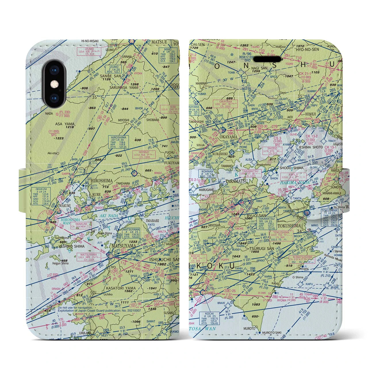 【岡山・高松航空図】地図柄iPhoneケース（手帳両面タイプ・デイタイムフライト）iPhone XS / X 用
