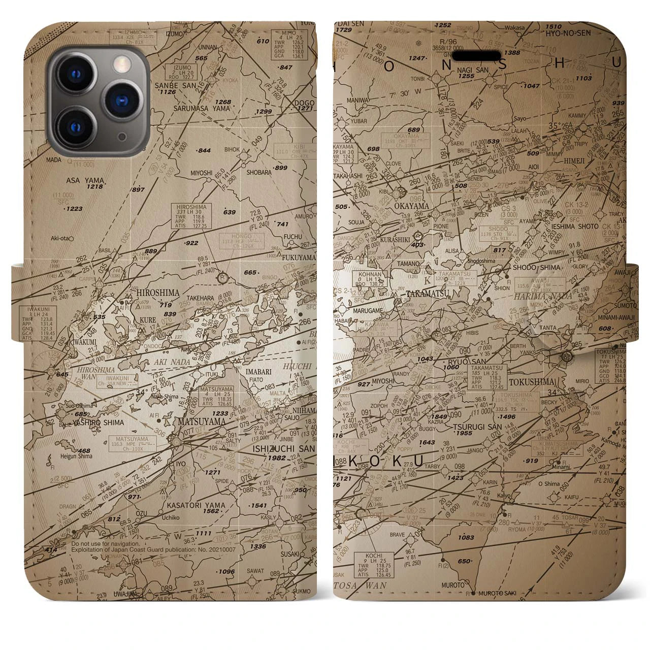 【岡山・高松航空図】地図柄iPhoneケース（手帳両面タイプ・セピア）iPhone 11 Pro Max 用