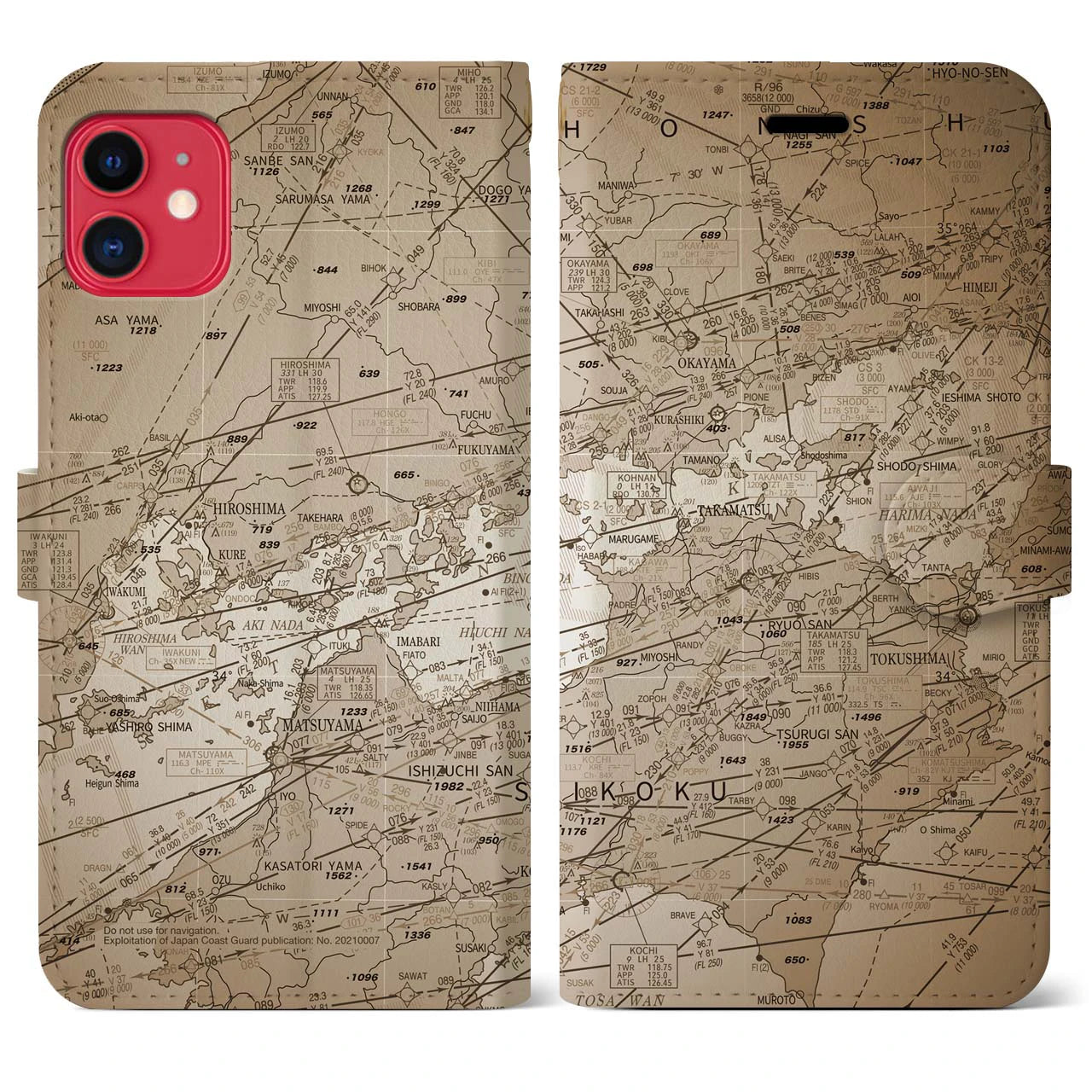 【岡山・高松航空図】地図柄iPhoneケース（手帳両面タイプ・セピア）iPhone 11 用