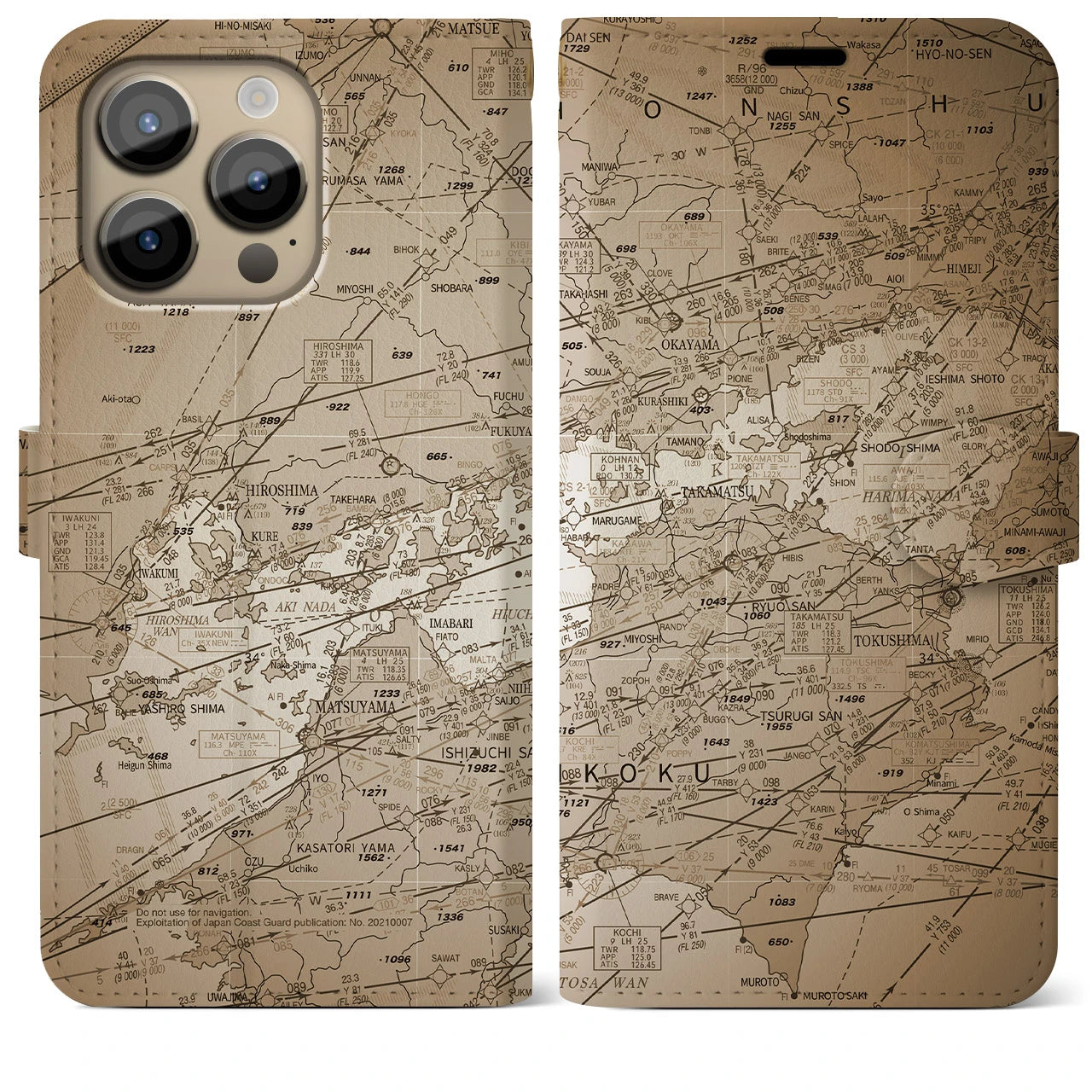 【岡山・高松航空図】地図柄iPhoneケース（手帳両面タイプ・セピア）iPhone 14 Pro Max 用
