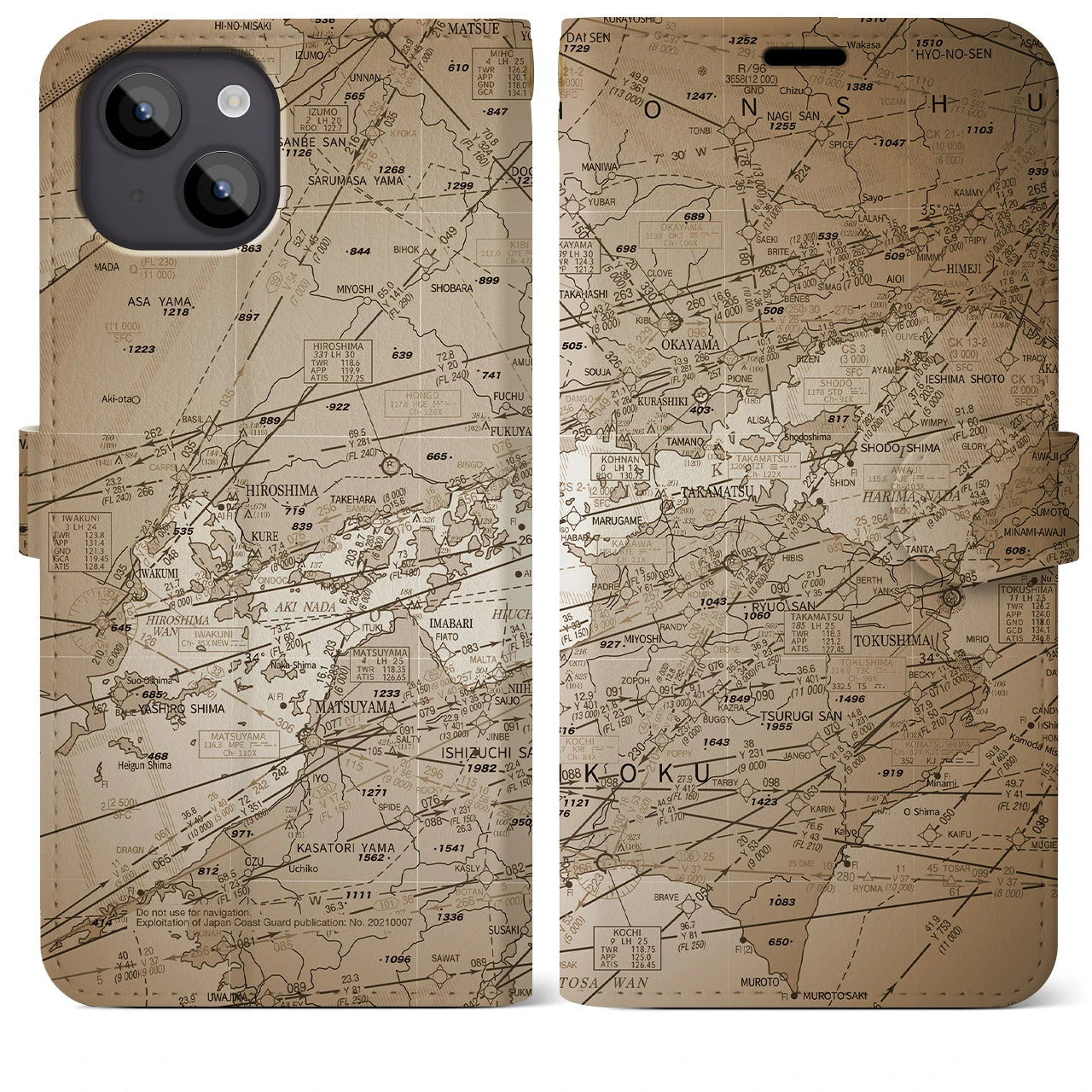 【岡山・高松航空図】地図柄iPhoneケース（手帳両面タイプ・セピア）iPhone 14 Plus 用