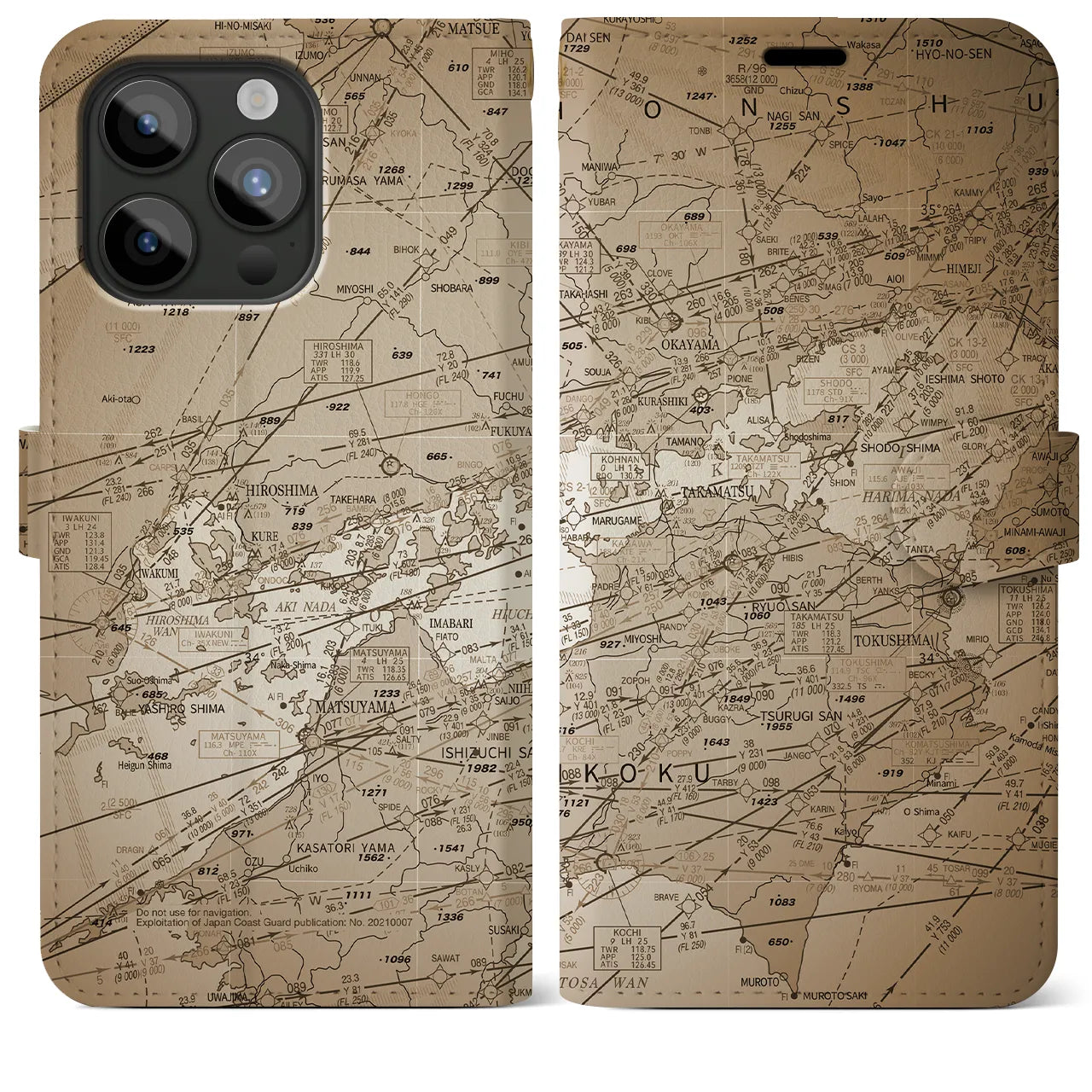 【岡山・高松航空図】地図柄iPhoneケース（手帳両面タイプ・セピア）iPhone 15 Pro Max 用