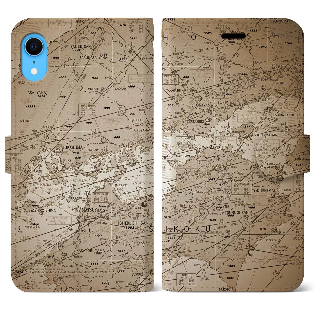 【岡山・高松航空図】地図柄iPhoneケース（手帳両面タイプ・セピア）iPhone XR 用